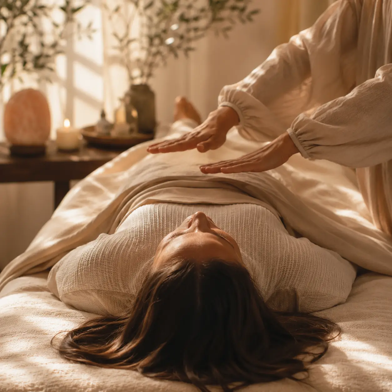 Soft linen and eucalyptus in warm light